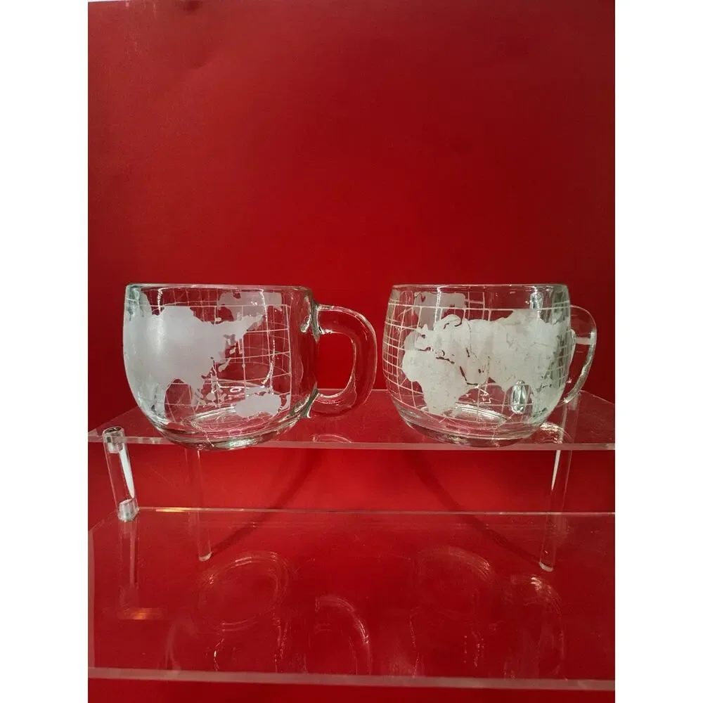 Vintage Set 2 Nestlé Etched Clear Glass Globe World Coffee 70s Mug Cups Retro